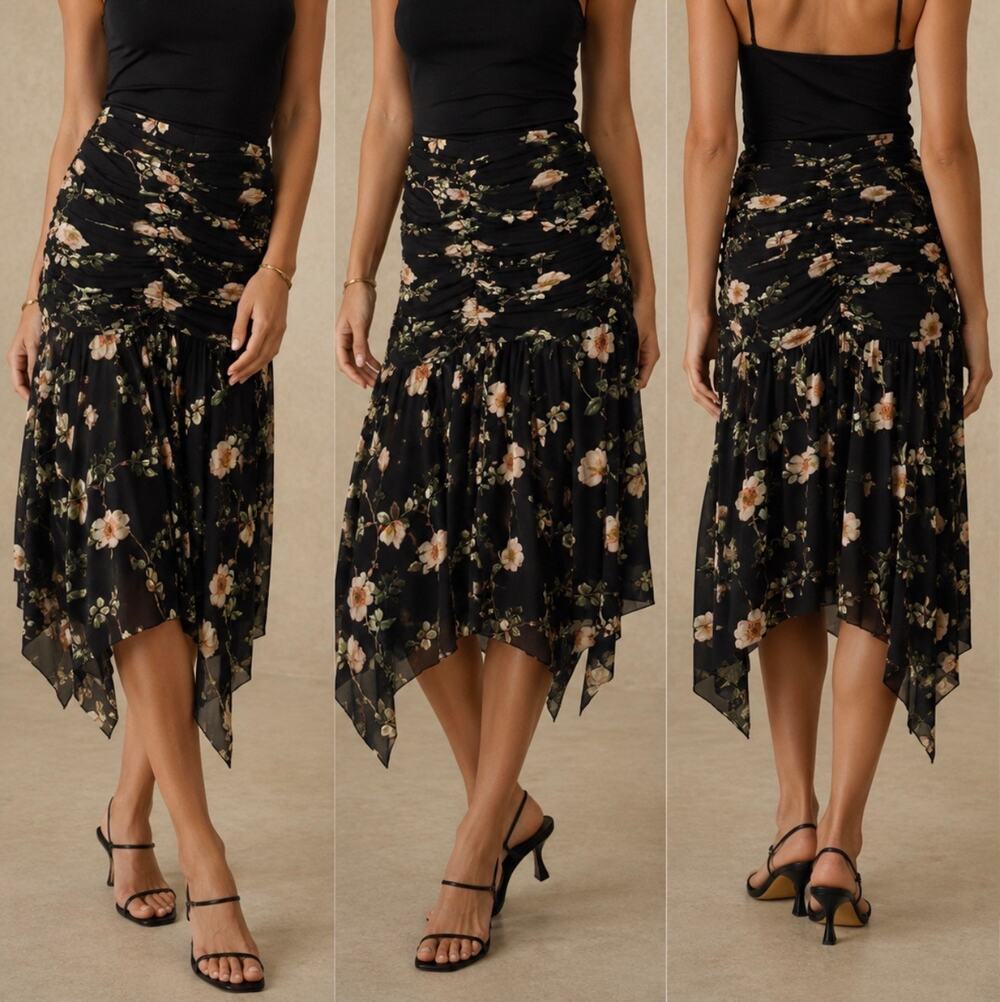 Current Air Floral Mesh Ruched Midi Skirt Women's M Black Handkerchief Hem NWT